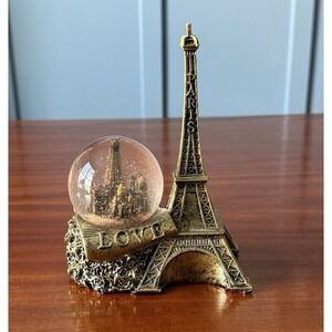 Resin Eiffel Tower Paperweight Lighted Snow Globe Gold Bronze LOVE 6.5" x 5" EUC